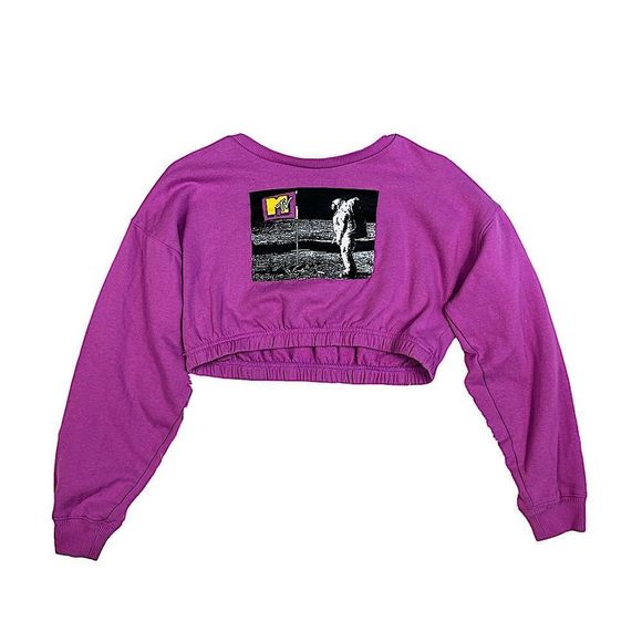 MTV Cropped Top Sweater Long Sleeve | Colors: Purple and Black | Size: XS - Picture 3 of 9